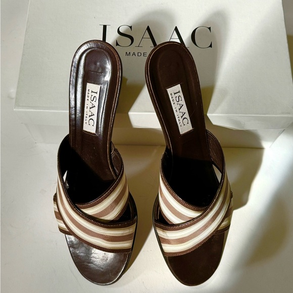 Vintage kitten heel sandals crisscrossed ribbon brown/white size 9 - Picture 13 of 13